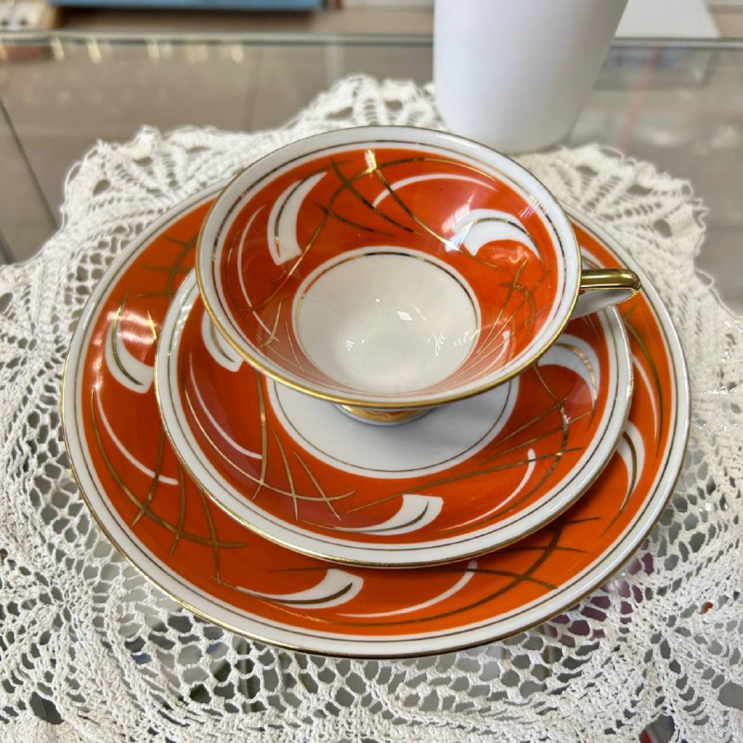 Чайное трио Fortuna Eisenberg Germany. Фарфор, деколь, позолота. Винтаж. Картинка 2